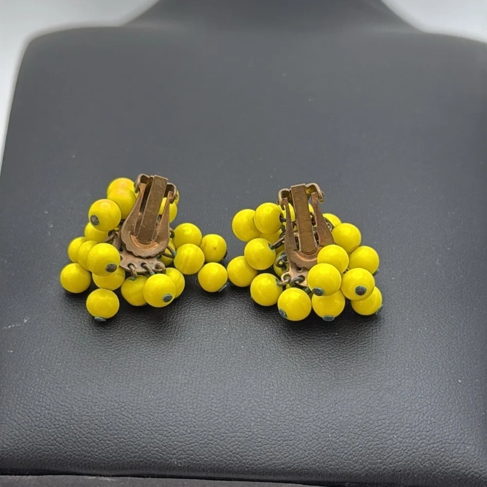 Vintage bright cheery yellow cha cha beaded clip on statement bold fun earrings